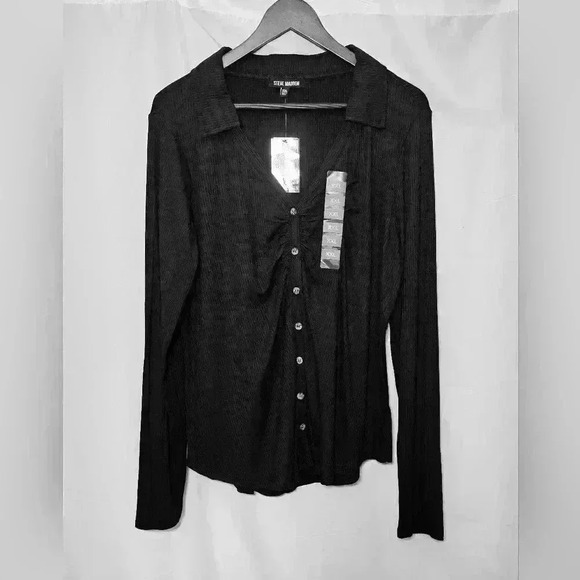 🛑 NWT Steve Madden Black Ruched Stretchy Collared V-Neck Button-up Shirt XXL - Picture 7 of 11